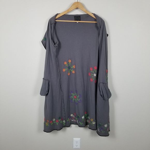 Biya Johnny Was Brown Floral Embroidered Waterfall Long Brown Cardigan Size M - Picture 13 of 15